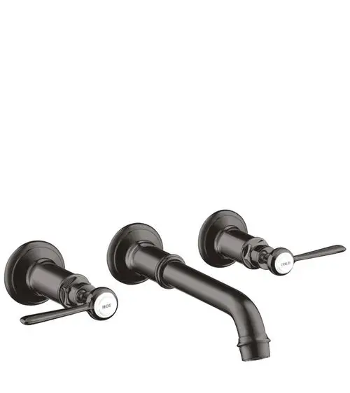 Waschtischarmatur für Wandmontage mit zwei Hebelgriffen für heiße und kalte Wasserregulierung. Auslauf in geschwungener Form. Design von AXOR.